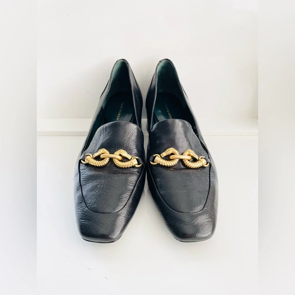 New Tory Burch Jessa heeled horse- head loafers, black leather sz 8.5. - Picture 10 of 16